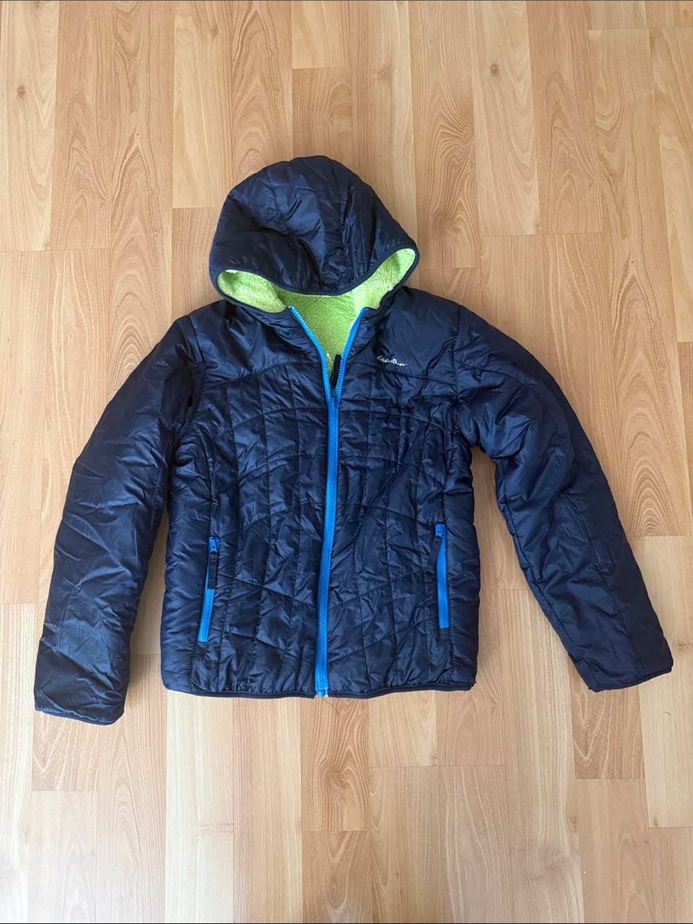 Eddie Bauer Navy Hooded Puffer Jacket with Lime Green Lining